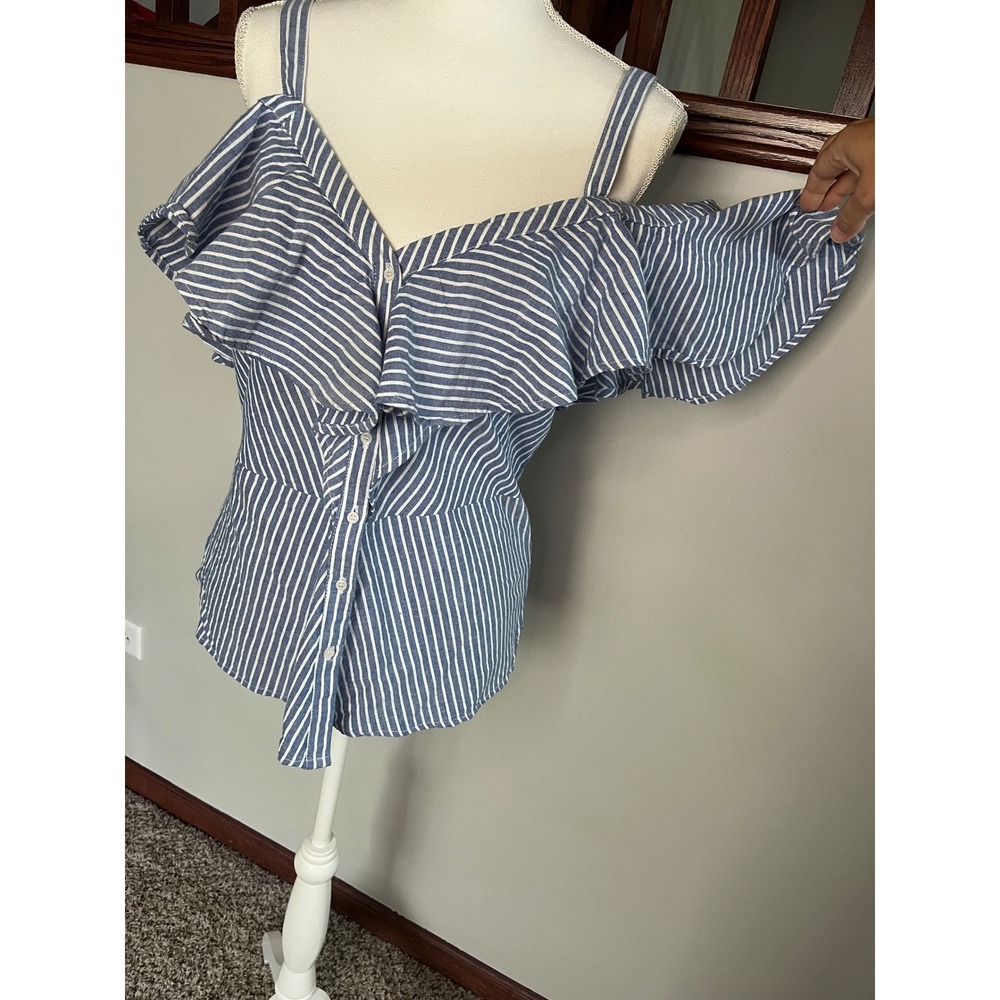Thread Story Womens Blue White Striped Ruffle Cold Shoulder Cotton Top Large